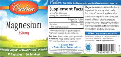 Carlson Magnesium 350 mg source label used in the packaging illustration