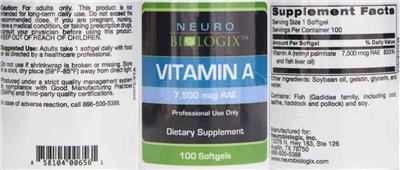 Neurobiologix Vitamin A 7500 mcg RAE source label used in the packaging illustration