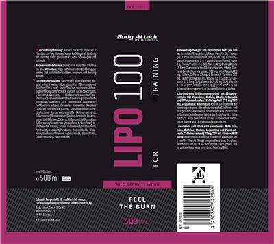 Body Attack Sports Nutrition Lipo 100 Wild Berry Flavour product packaging