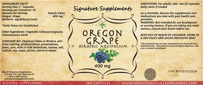 Signature Supplements Oregon Grape 400 mg source label used in the packaging illustration