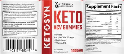 Justified Laboratories Ketosyn Keto ACV Gummies 1000 mg source label used in the packaging illustration