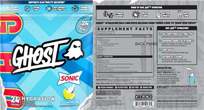 GHOST Hydration Sonic Ocean Water source label used in the packaging illustration