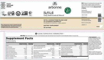 Arbonne BeWell Daily Multivitamin & Mineral source label used in the packaging illustration