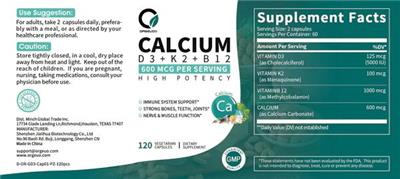 O Orgeuos Calcium D3 + K2 + B12 source label used in the packaging illustration
