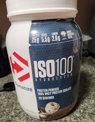 Dymatize ISO100 Hydrolyzed Cookies & Cream source label used in the packaging illustration