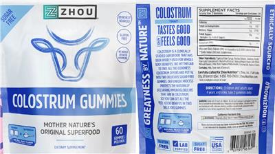 ZHOU Colostrum Gummies Natural Peach Flavor source label used in the packaging illustration