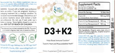 MDLogic D3+K2 source label used in the packaging illustration