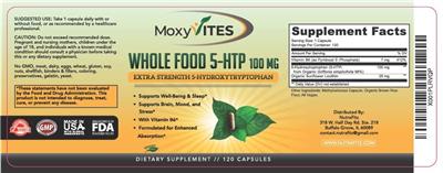MoxyVites By NutraFitz Whole Food 5-HTP 100mg source label used in the packaging illustration