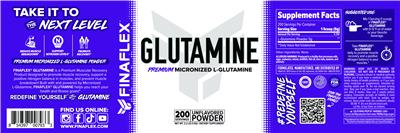 FINAFLEX Glutamine Unflavored Powder source label used in the packaging illustration