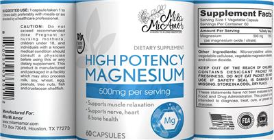 MilaMiAmor High Potency Magnesium 500 mg source label used in the packaging illustration