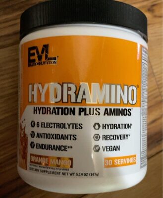 Evlution Nutrition HydrAmino Orange Mango source label used in the packaging illustration