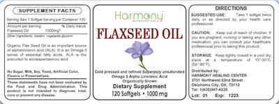 Harmony Nutraceuticals Flaxseed Oil 1000 mg source label used in the packaging illustration