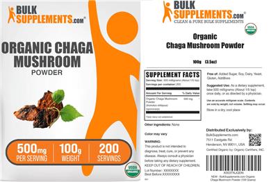 BulkSupplements.com Organic Chaga Mushroom Powder 500 mg product packaging