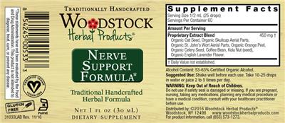 Woodstock Herbal Products Nerve Support Formula source label used in the packaging illustration