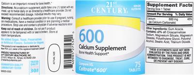 21st Century Calcium Supplement 600 source label used in the packaging illustration
