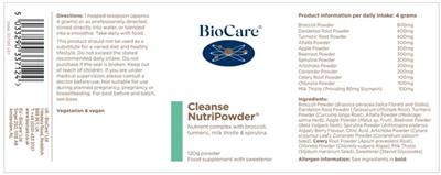 BioCare Cleanse NutriPowder source label used in the packaging illustration