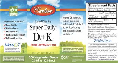 Carlson Super Daily D3+K2 50 mcg (2000 IU) & 45 mcg source label used in the packaging illustration