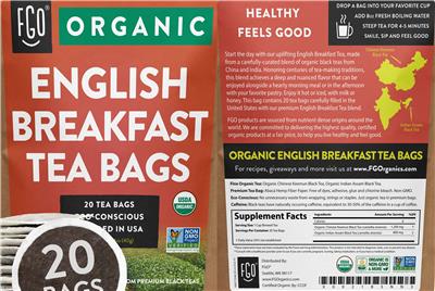 FGO Organic English Breakfast Tea Bags source label used in the packaging illustration