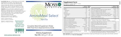 Moss Nutrition AminoMeal Select Vanilla source label used in the packaging illustration