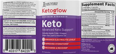 Justified Laboratories Ketoglow Keto source label used in the packaging illustration