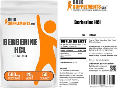 BulkSupplements.com Berberine HCL Powder 500 mg source label used in the packaging illustration