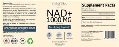 Vinatura Supplements NAD+ 1000 mg source label used in the packaging illustration