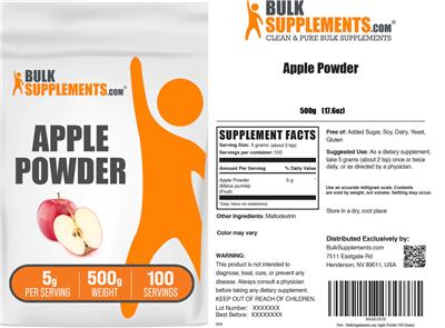 BulkSupplements.com Apple Powder 5 g source label used in the packaging illustration