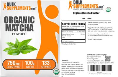 BulkSupplements.com Organic Matcha Powder 750 mg product packaging