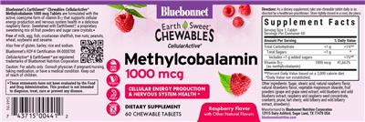 Bluebonnet EarthSweet Chewables CellularActive Methylcobalamin 1000 mcg Raspberry Flavor source label used in the packaging illustration