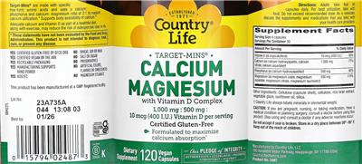Country Life Target-Mins Calcium 1000 mg Magnesium 500 mg with Vitamin D 10 mcg (400 I.U.) Complex source label used in the packaging illustration