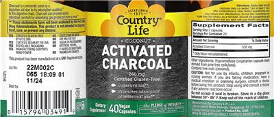 Country Life Coconut Activated Charcoal 260 mg source label used in the packaging illustration