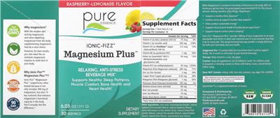 Pure Essence Ionic-Fizz Magnesium Plus Raspberry-Lemonade Flavor source label used in the packaging illustration
