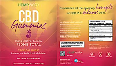 HempWorx CBD Gummies 750 mg Tropical Burst source label used in the packaging illustration