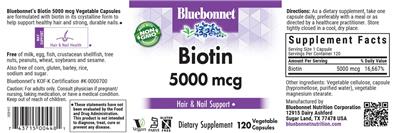 Bluebonnet Biotin 5000 mcg source label used in the packaging illustration