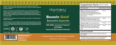 Harmony Nutraceuticals Boswin Gold source label used in the packaging illustration
