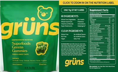 Gruns Superfoods Greens Gummies source label used in the packaging illustration