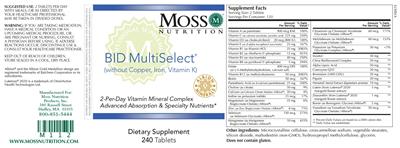 Moss Nutrition BID MultiSelect (without Copper Iron Vitamin K) source label used in the packaging illustration