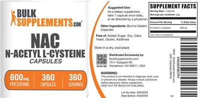 BulkSupplements.com NAC N-Acetyl L-Cysteine Capsules 600 mg product packaging
