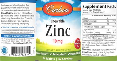 Carlson Chewable Zinc 10 mg Natural Mixed Berry Flavor source label used in the packaging illustration