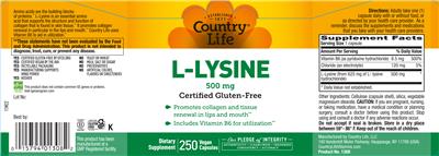 Country Life L-Lysine 500 mg source label used in the packaging illustration