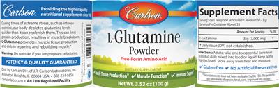 Carlson L-Glutamine Powder source label used in the packaging illustration
