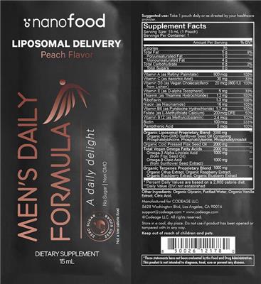 Codeage Nanofood Men's Daily Formula Liposomal Delivery Peach Flavor source label used in the packaging illustration