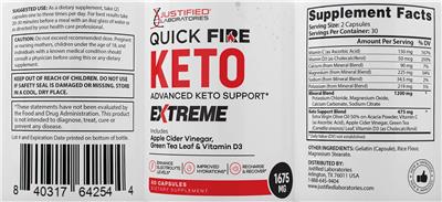 Justified Laboratories Quick Fire Keto Extreme source label used in the packaging illustration