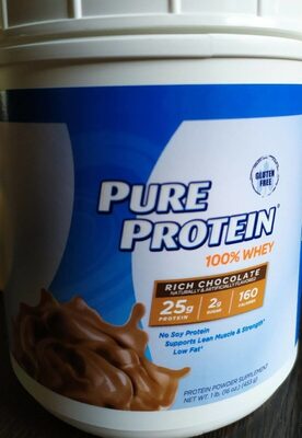 Pure Protein 100% Whey Rich Chocolate source label used in the packaging illustration