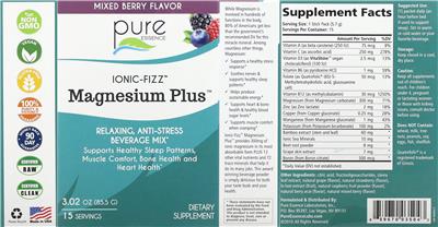 Pure Essence Ionic-Fizz Magnesium Plus Mixed Berry Flavor source label used in the packaging illustration