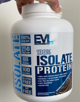 Evlution Nutrition 100% Isolate Protein Double Rich Chocolate source label used in the packaging illustration