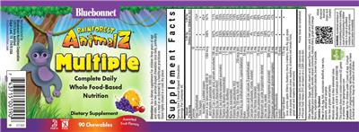 Bluebonnet Rainforest Animalz Multiple Assorted Fruit Flavors source label used in the packaging illustration