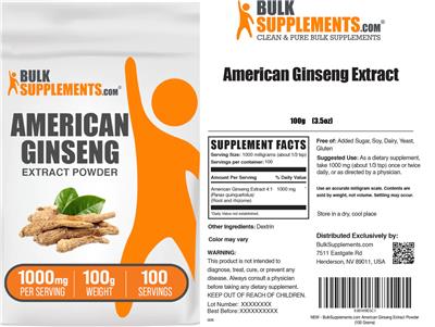 BulkSupplements.com American Ginseng Extract Powder 1000 mg source label used in the packaging illustration