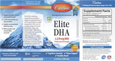 Carlson Elite DHA 2270 mg Natural Orange Flavor source label used in the packaging illustration