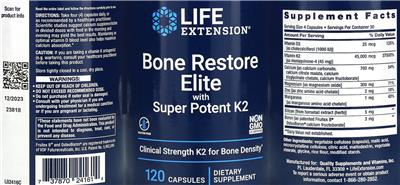 Life Extension Bone Restore Elite with Super Potent K2 source label used in the packaging illustration